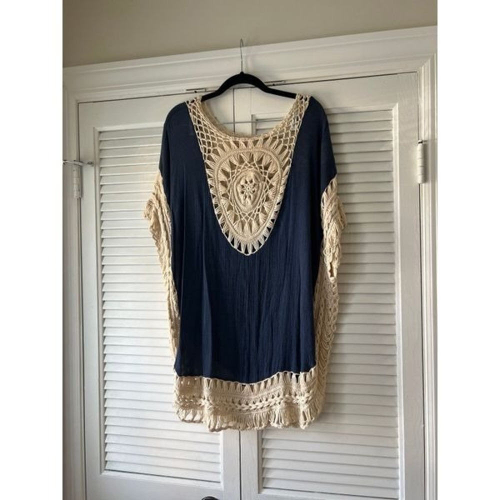 Paradise USA oversized Crochet Top, Knit, Beach Cover Up, Navy/Beige, Boho, Fest
